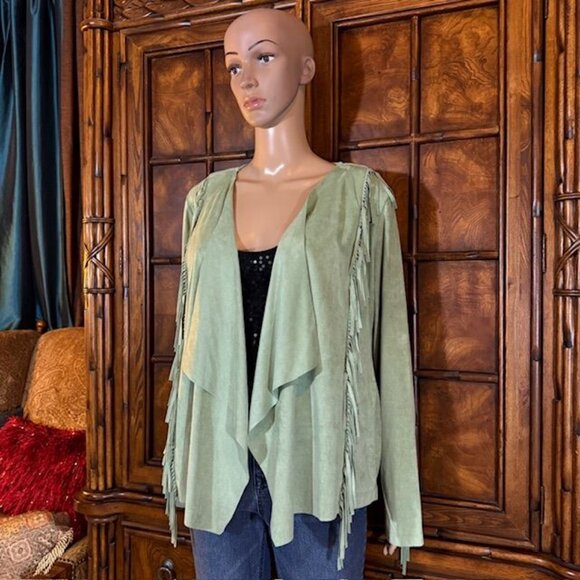 Colleen Lopez Pistachio Fringe Cascade Stretch Faux Suede Jacket Boho Western - Picture 3 of 11